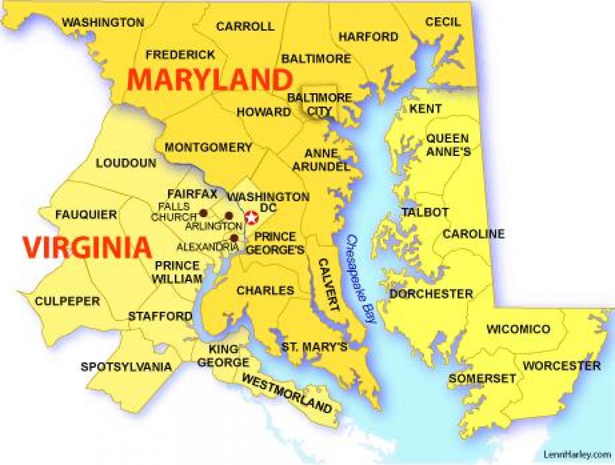 mapa Maryland, Virginia, Washington, dc
