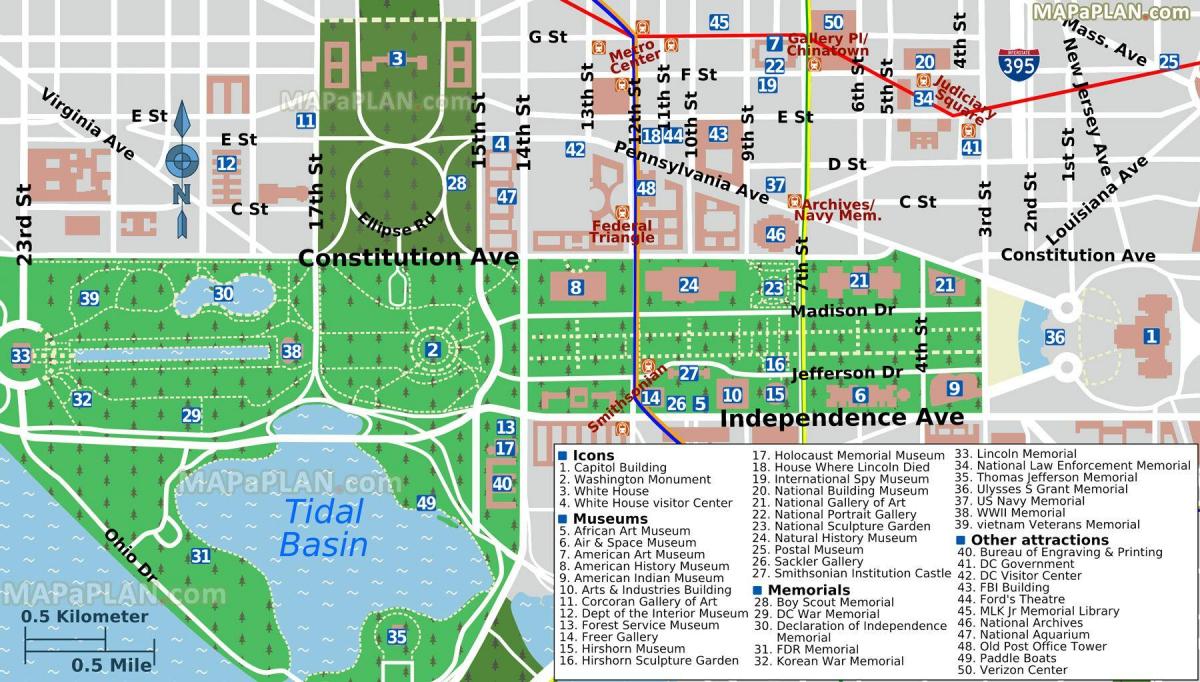 mapa Waszyngton, dystrykt Columbia Mall i muzea