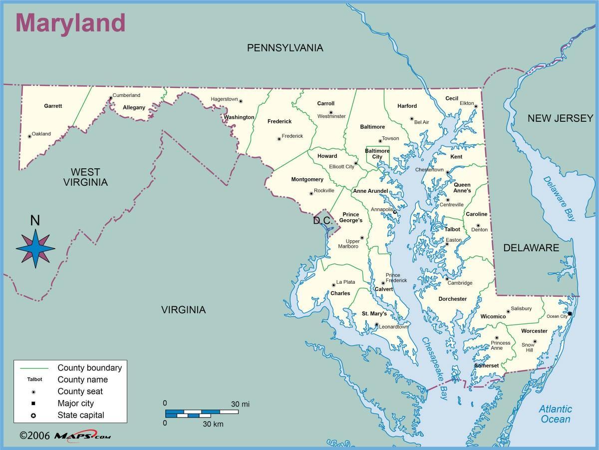 mapa Maryland i Waszyngton, dystrykt Kolumbii